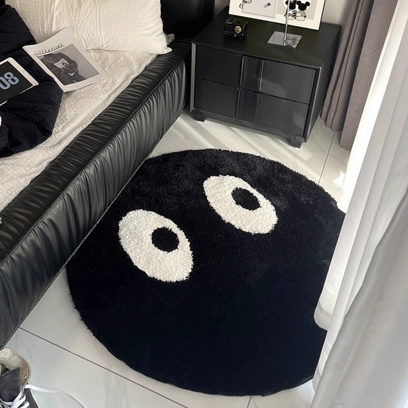 黑色可爱圆煤球客厅创意圆形地毯卧室床边防滑防尘黑色眼睛地毯子
