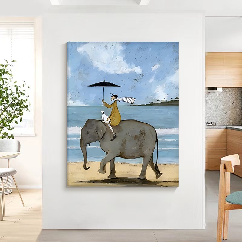 抽象人物和狗骑大象纯手绘油画美式客厅装饰画卡通玄关儿童房挂画图片