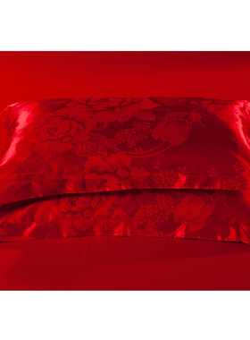 提花全棉枕套北欧纯棉丝绸枕头套结婚大红玫红紫色粉色金色一对装