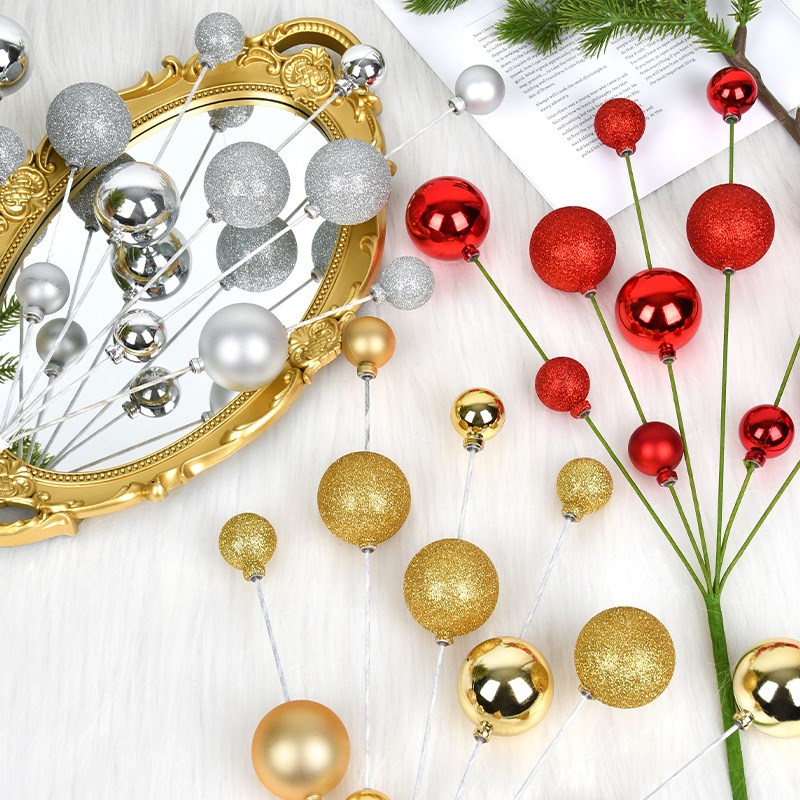 圣诞装饰品金银红圣诞球插枝摆设圣诞树场景布置装扮果子插枝挂件