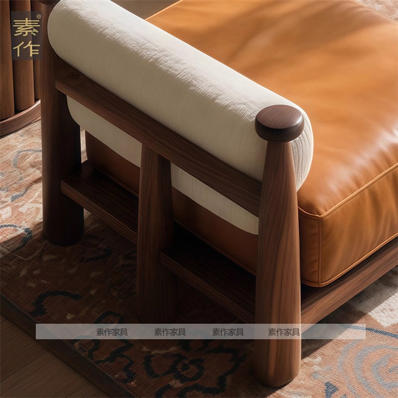 新中式简约现代实木真皮小户型直排沙发轻奢高级感客厅2025新款