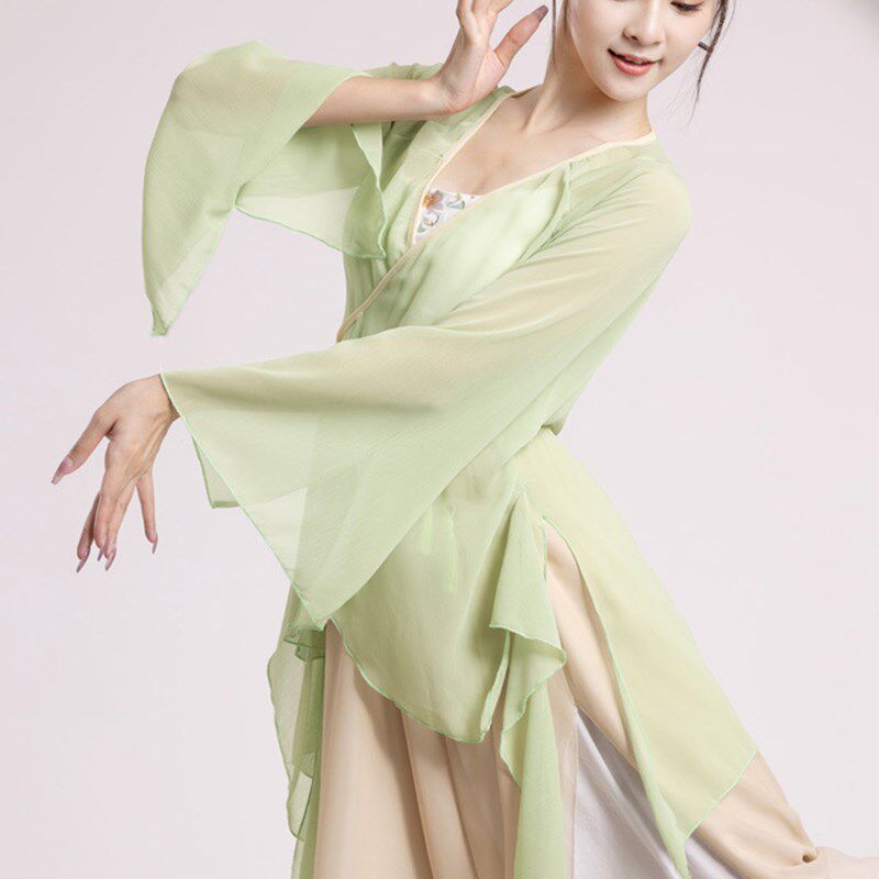 古典舞服装女飘逸雪纺纱衣绿色中国民族舞上衣烟火演出舞蹈练功服