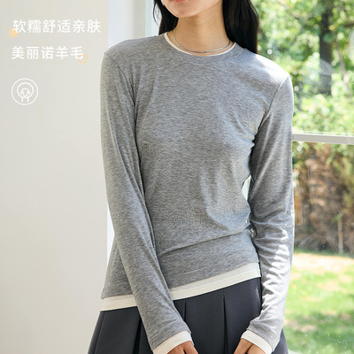 秋冬天丝醋酸打底衫女新款叠穿假两件圆领针织衫内搭简约长袖T恤