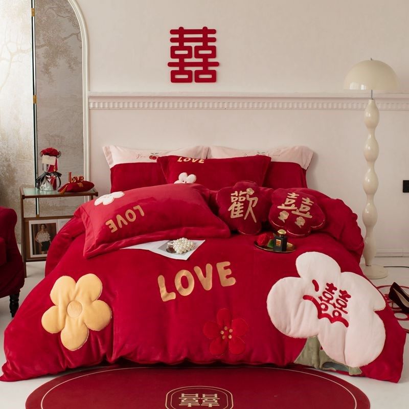 甜蜜欢喜贴布绣秋冬款红色法兰绒加厚床单,床上用品,婚庆床品套件,淘宝优惠券,粉丝福利购,淘宝优惠卷