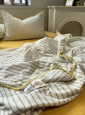 A类蓝色条纹三角针夏凉被空调被纯棉全棉可机洗单人夏被子四件套