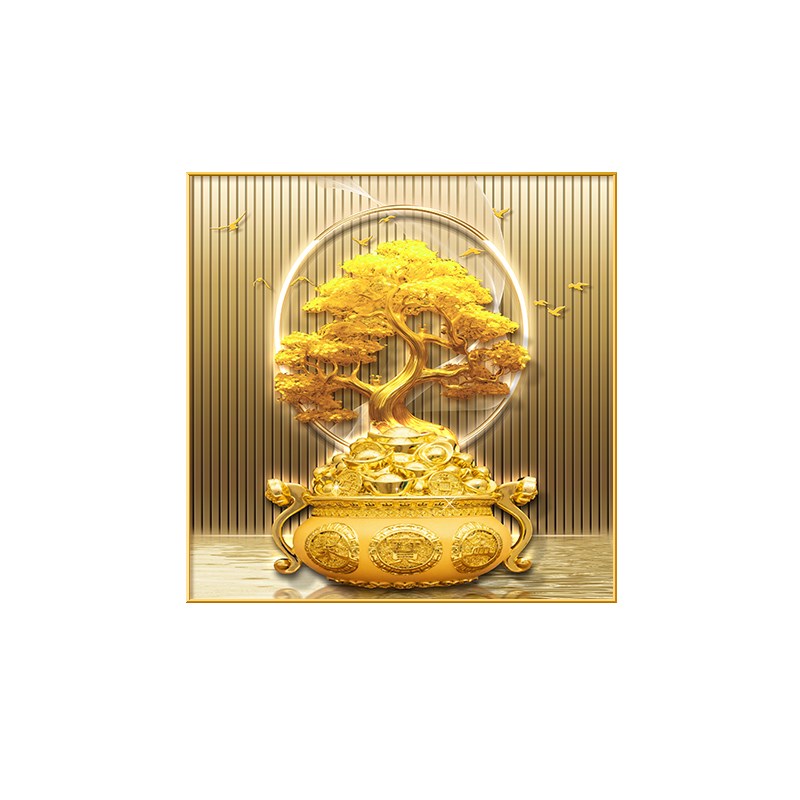 新中式招财树正方形玄关装饰画聚宝盆餐厅挂画轻奢带灯发光壁画图片