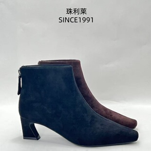 珠利莱2025秋冬季新款方跟复古尖头粗跟百搭英伦时尚切尔西靴女鞋