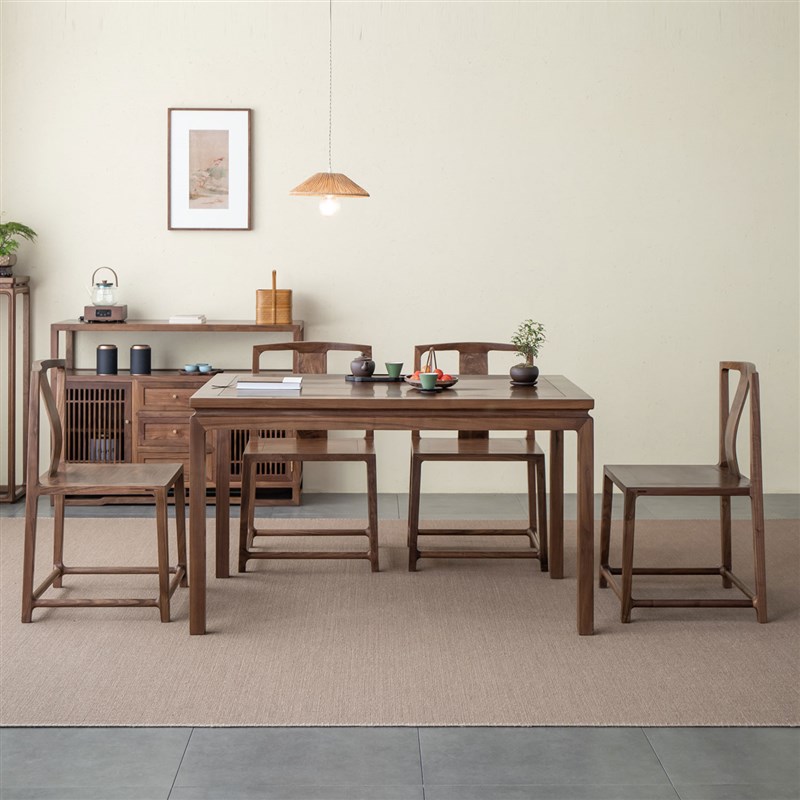 杪轩新中式黑胡桃木餐桌椅组合长方形餐厅原实木茶书桌家用饭桌子