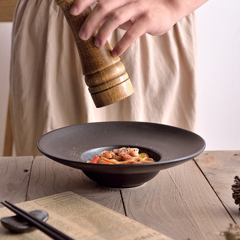 流沙 商用磨砂黑意面盘子专用草帽盘深盘西式汤盘西餐厅面盘
