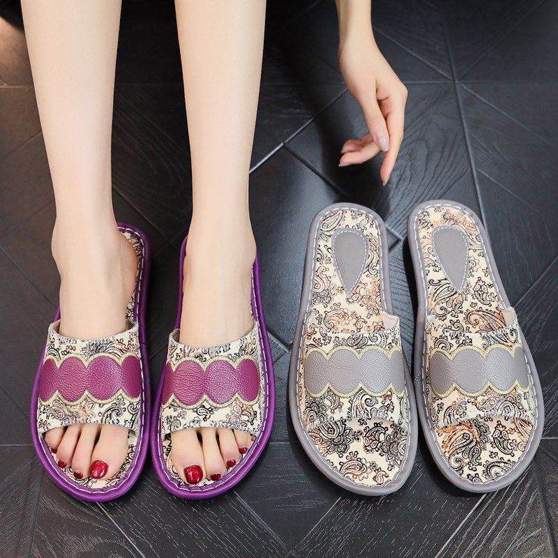 欧式印花真牛皮居家室内家用软底时尚凉拖鞋男女防滑地板夏季情侣,居家布艺,居家凉拖/凉鞋,淘宝优惠券,粉丝福利购,淘宝优惠卷