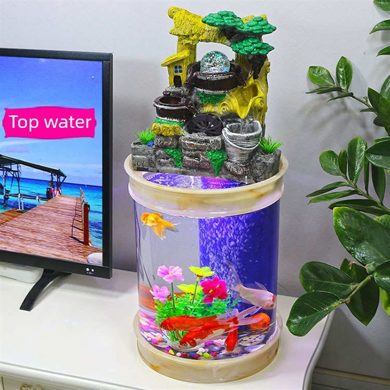 小型流水过滤器圆柱形亚克意鱼缸客厅落地式家庭缸水族馆