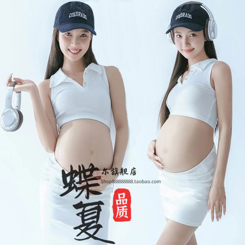 孕妇新款写真拍照服装短款修身背心白色小短裙套装影楼孕妈摄影服