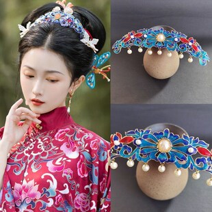 发饰古风汉服发冠烧蓝发簪U型发钗景泰蓝明制发饰小冠顶钗古装
