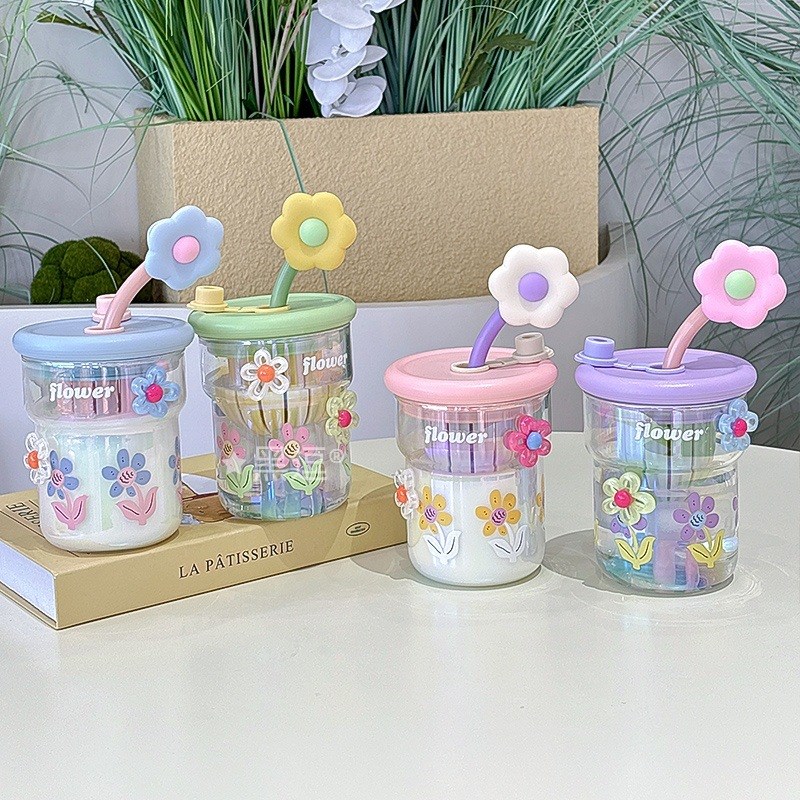 小花水杯玻璃杯家用网红简约可爱吸管大容量高颜值带茶隔杯子ins