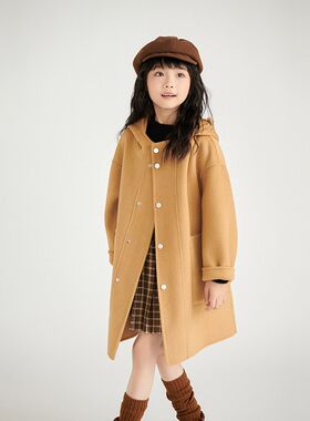 儿童连帽中长款双面羊绒大衣女童秋冬季新款长款加厚羊毛呢子外套