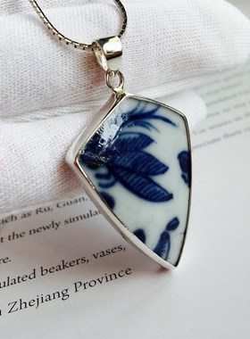 民族风古瓷片官窑老瓷片吊坠青花古瓷首饰复古手工挂件饰品项链女
