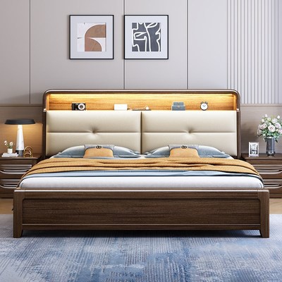 高箱储物床胡桃木床1米8乘2米大床现代简约卧室双人床实木高箱床