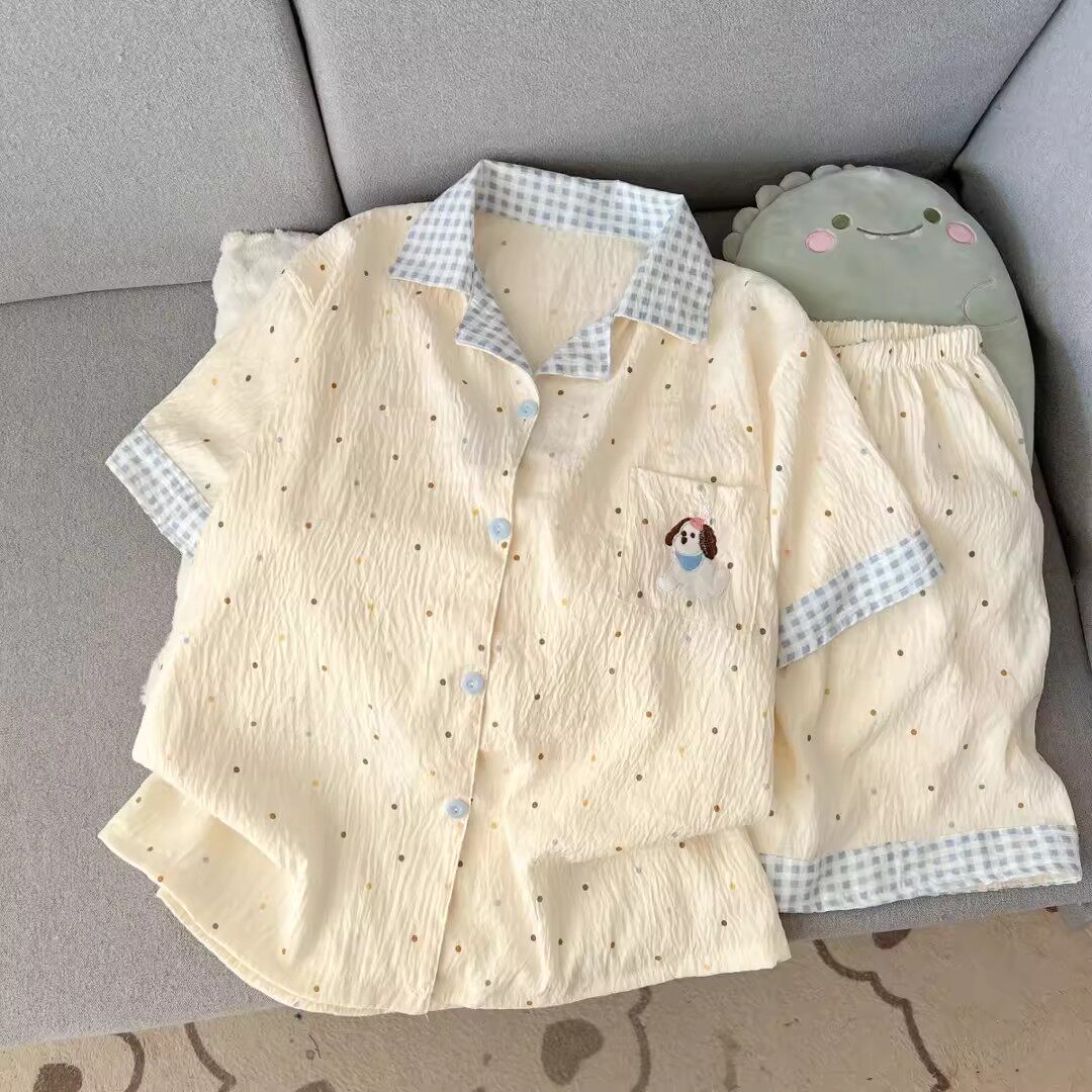 奶蓝波点睡衣女夏季短袖短裤可爱睡衣/家居服套装