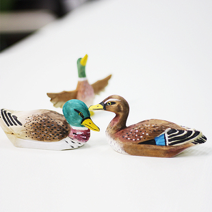 鹿妖商店 绿头鸭木雕 木鸭子 实木摆件 手工 桃花 礼品