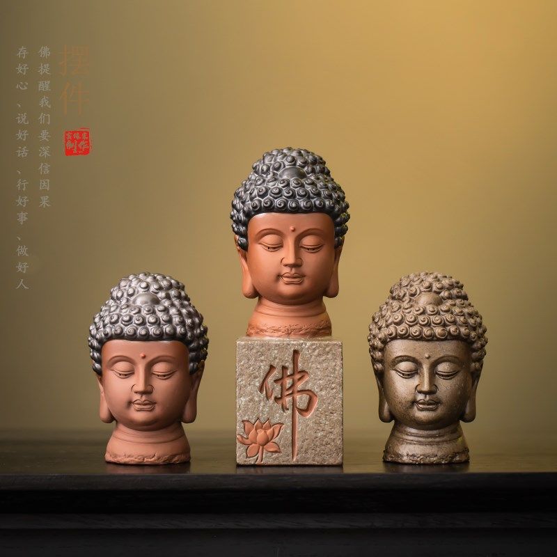 中式佛头陶瓷小摆件创意半身牟尼佛书房鱼缸造景装饰