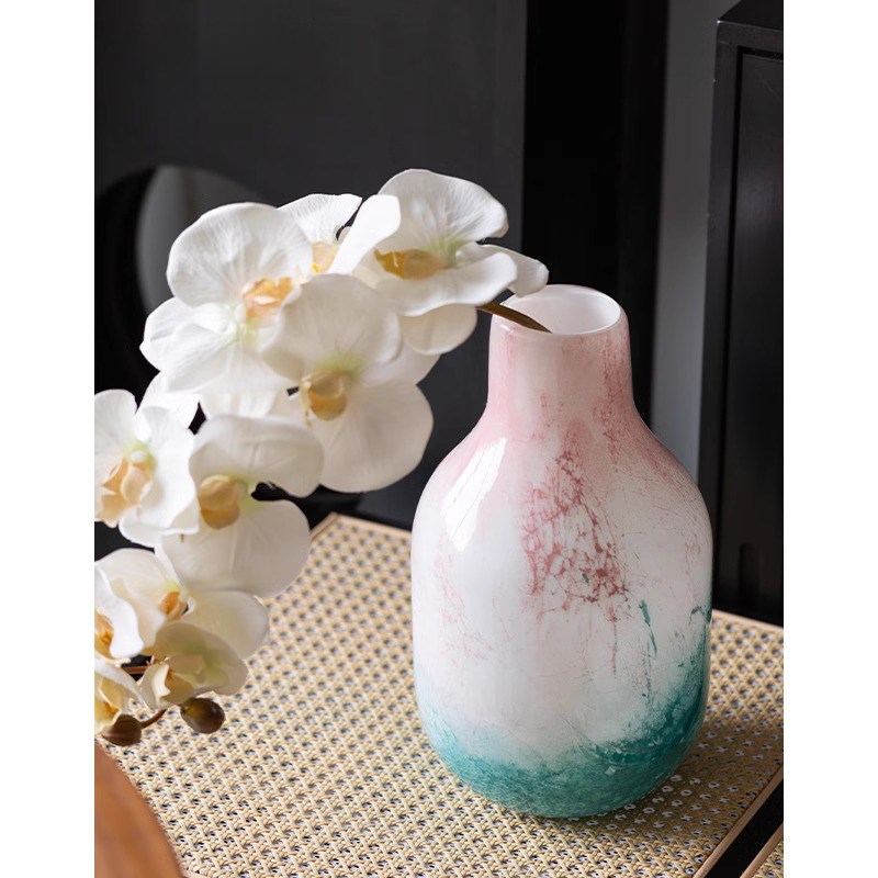 法式复古蓝粉渐变琉璃花瓶摆件轻奢客厅桌面插花装饰品花器