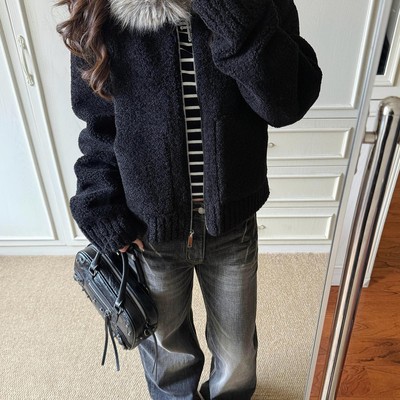 定染毛领小颗粒羊羔毛外套女秋冬