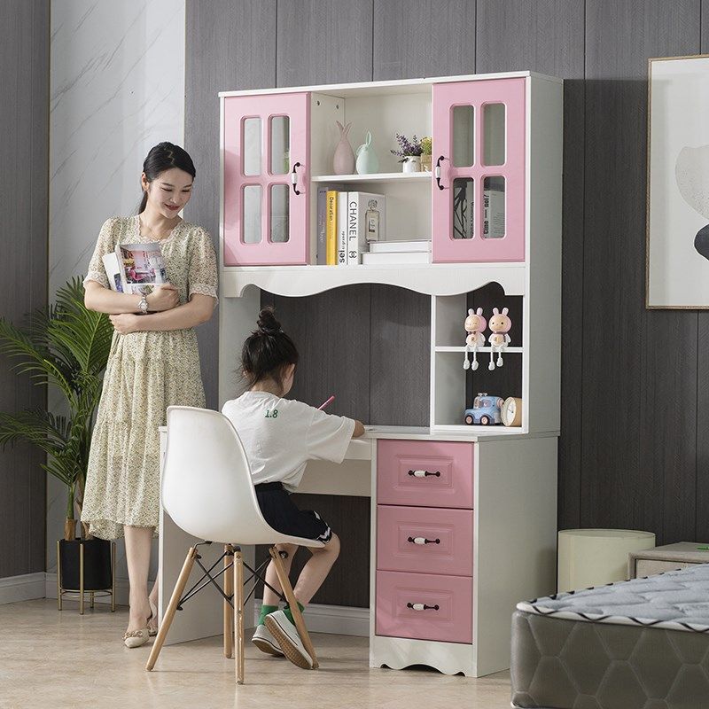 书桌书架书柜一体桌女孩卧室家用粉色公主风学习桌实木学生写字台