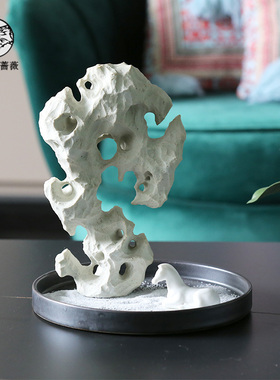 新中式太湖石假山陶瓷马托盘摆件书房茶几书柜样板间软装饰品