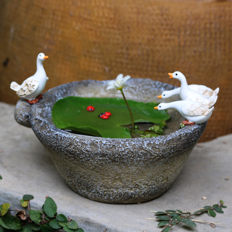 创意铜钱草碗莲水培小白鸭子花盆摆件个性装饰仿石臼多肉盆栽礼物