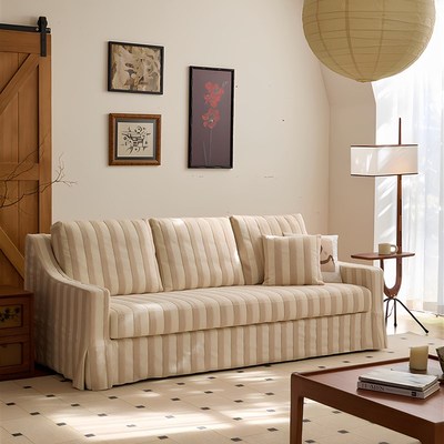 条纹织物沙发小公寓客厅复古风格直排三个座位可移动和可洗涤的沙