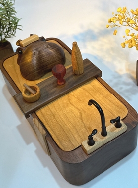 实木河马泡澡收纳盒钥匙文具盒整理书桌面雪茄盒收纳摆件