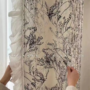 小秋枝复古法式黑白素描风遮光窗帘雪尼尔客厅卧室阳台简约轻奢