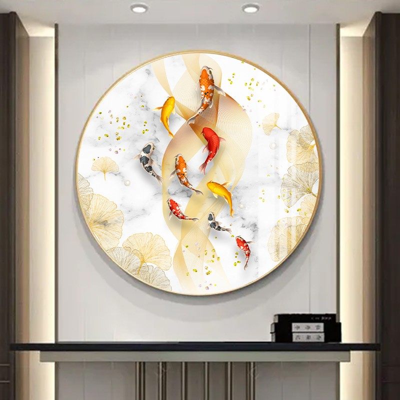 九鱼图入户玄关装饰画圆形挂画轻奢正对门客厅走廊壁画过道餐厅画,家居饰品,现代装饰画,淘宝优惠券,粉丝福利购,淘宝优惠卷