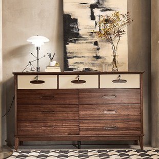 实木乌金木九斗柜斗橱客厅卧室书房储物柜带钥匙带锁轻奢黑胡桃色