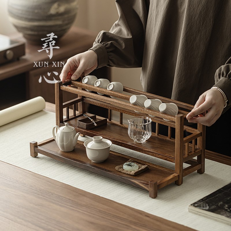寻心胡桃木茶具收纳架实木博古架茶壶茶杯架子双层桌面茶台