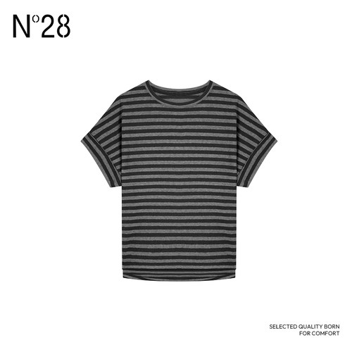 N28【呼呼专享】宽松圆领条纹短T恤女休闲落肩卷袖上衣895131T306