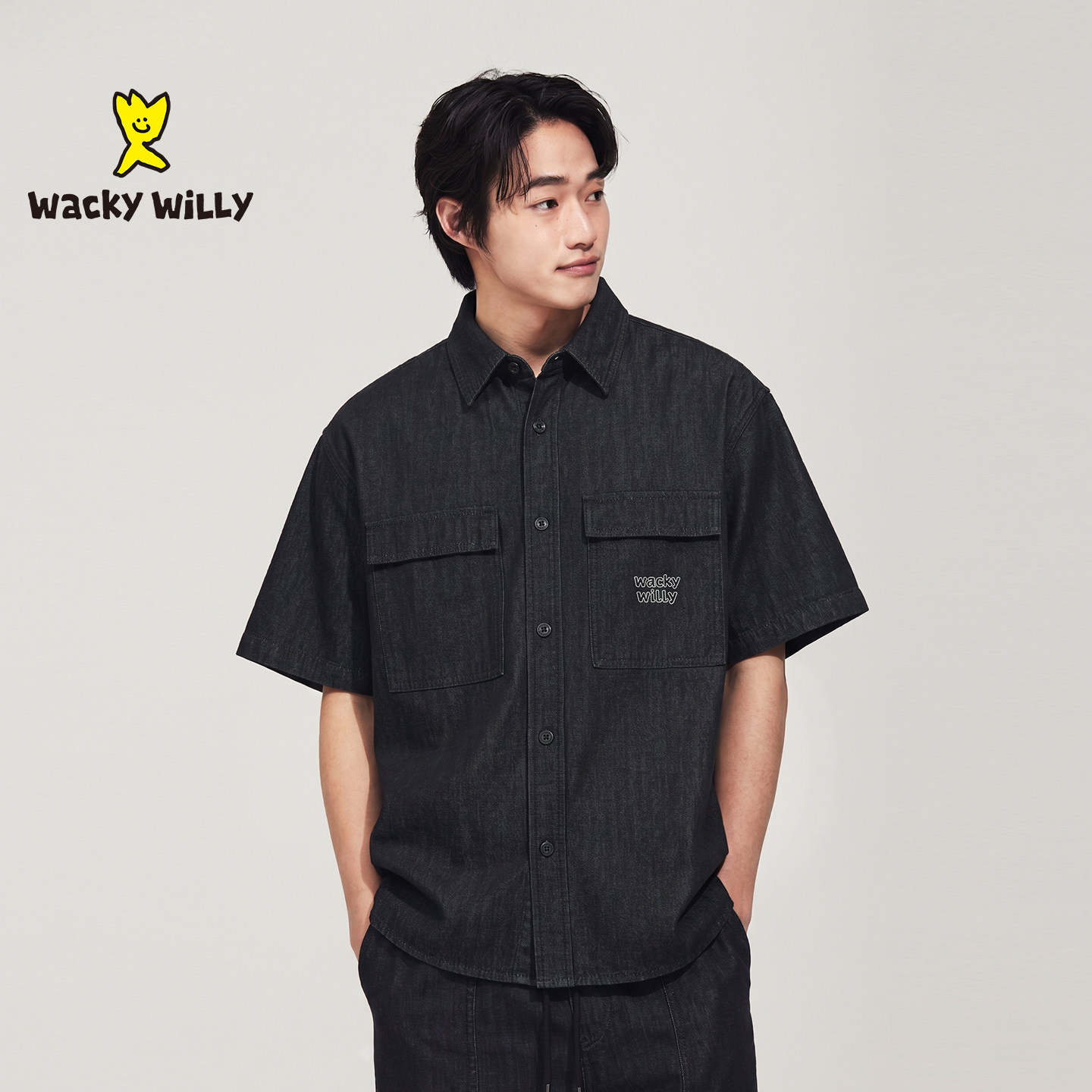 wackywilly短袖薄款男生牛仔衬衫图片