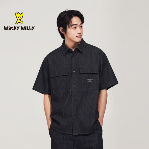 wackywilly短袖薄款男生牛仔衬衫