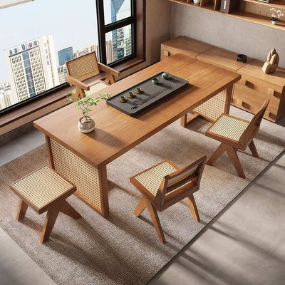 阳台茶桌椅组合2024新款小型实木茶台新中式藤编阳台精致小茶桌