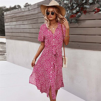 Beach Boho Summer Dress Shirt 2021 Floral Vintage High Waist