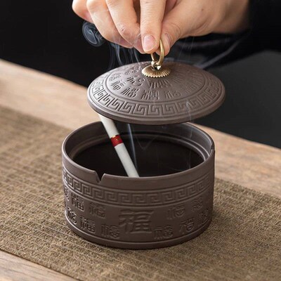 Living Room Purple Clay Ashtray with Lid Anti Fly Ash Smoke