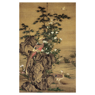 元 王渊 花竹锦鸡图名家工笔花鸟画竖轴高清微喷复刻玄关客厅装饰