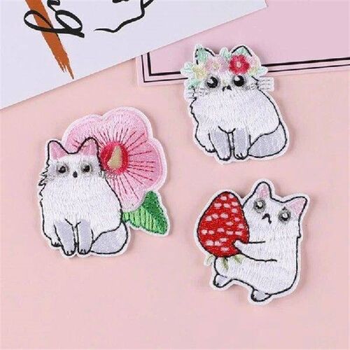 G8DA 12 Pcs Sewing Patches White Cats Embroidered Patches