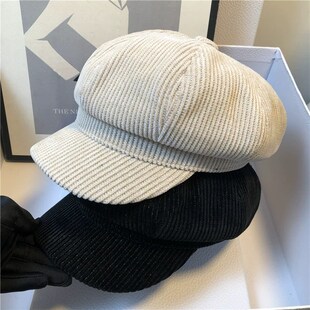 Solid vintage corduroy octagon for women Korean beret