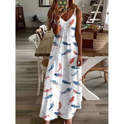 Womens Casual Loose V Neck Spaghetti Straps Elegant Floral