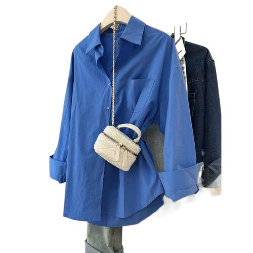 Blue Shirt Womens 2025 Design Sense Niche Casual Loose Stac