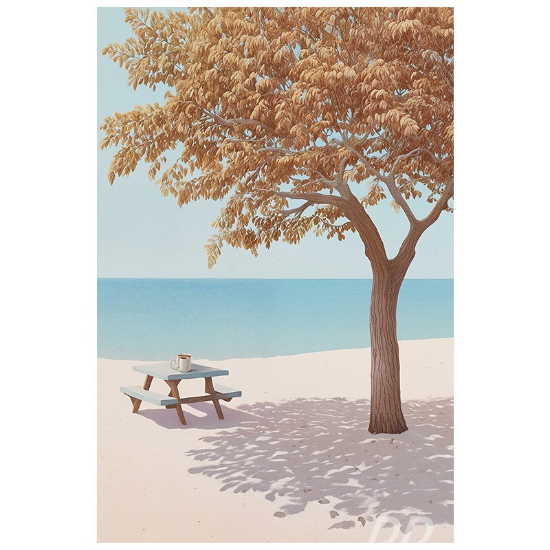 治愈系海边风景手绘油画蓝色大海客厅装饰画现代简约玄关大树挂画图片