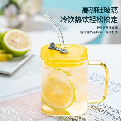 方形玻璃杯带把手有盖吸管杯女士高颜值杯子耐高温冲泡杯家用水杯