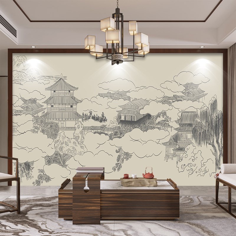 壁画定制电视背景墙壁布新中式淡雅楼阁墙布酒店包间民宿大厅墙纸