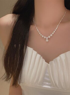 法式月光恋人碎银几两方糖珍珠项链全新小众设计高级感锁骨链颈链